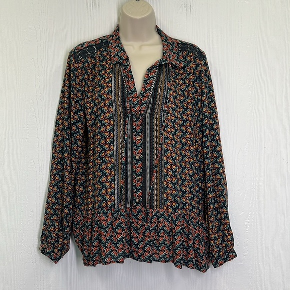 Anthropologie - Maeve Janie Flounced Colorful Print Blue Motif Blouse Size 6 - Picture 2 of 14